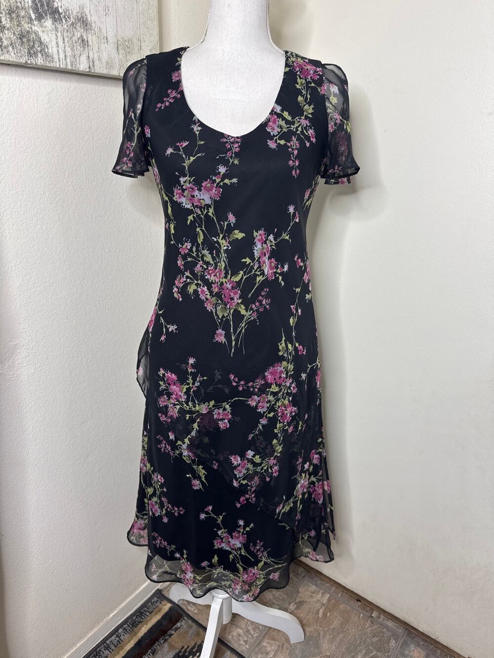 VTG 90s Y2K Black Floral Mesh Midi Dress Flutter Sleeve Whimsigoth Fairycore